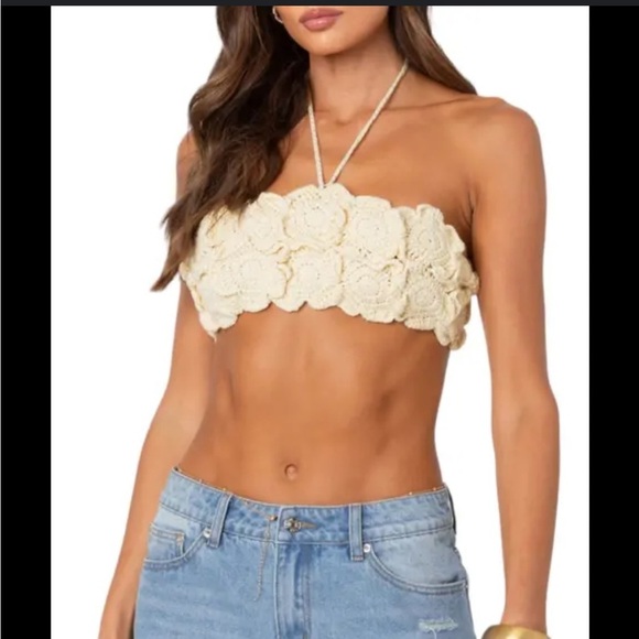 Zara crocheted cream bandeau, S-M, cotton, rosettes, spaghetti straps, Festival - Picture 1 of 5